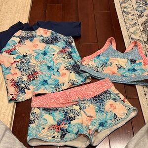 Athleta Girls Floral Blue and Coral 3-Piece Swim Set